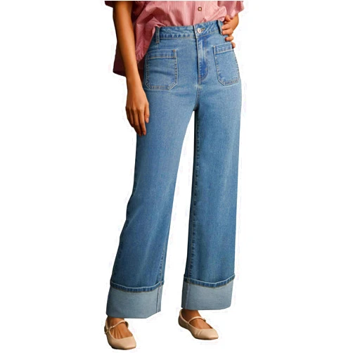 EVALESS Womens Jeans High Waisted Stretchy Cuffed Wide Leg Denim Pants with Pockets