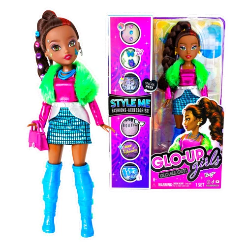 Far Out Toys GLO-UP Girls Season 2 Kenzie African American Girl Fashion Doll, Dazzling Jewelry, Hair Gems, Accessories, Fashions, Face Stickers, Makeup, Nails