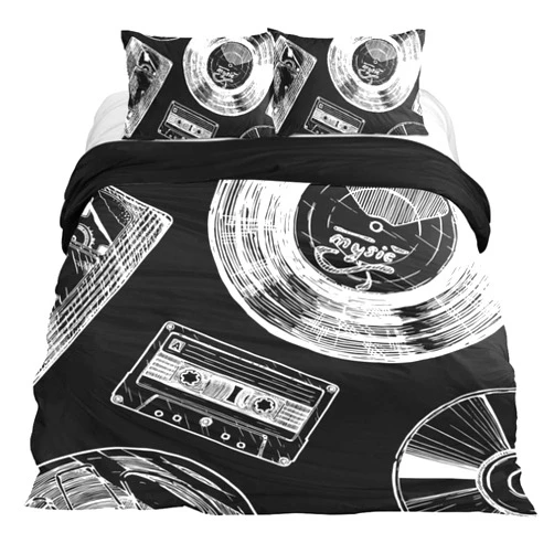 VAPOKF Duvet Covers Set Full Size Soft and Breathable Microfiber Comforter Bedding Set 1 Duvet Cover 2 Pillowcase with Zipper Closure for Kids Women Men, Vinyl Record Tape CD Cassette
