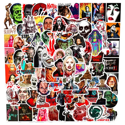 QBOM 100pcs Horror Movie Stickers Halloween Waterproof Sticker Decals Water Bottle Skateboard Laptop Horror Stickers for Kids Teens Adults