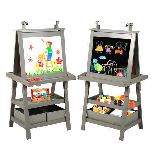 Kinder King 3 in 1 Kids Art Easel w/Storage, Double-Sided Magnetic Whiteboard & Chalkboard, Dry-Erase Board w/Paper Roller, Toddler Children Standing Easel for Painting & Drawing, Accessories(Grey)