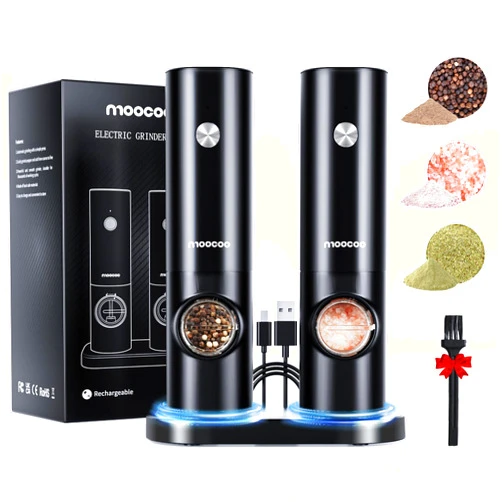 Moocoo Electric Salt and Pepper Grinder Set Gifts for Women Grilling Men White Elephant Adults Kitchen Gadgets Automatic Salt Pepper Mill Shakers Rechargeable,Adjustable Fineness,One Hand Operated,LED Light