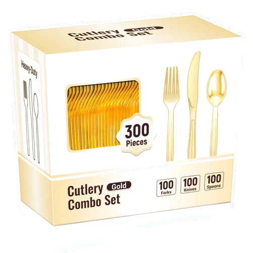 AOZITA 300 Pieces Heavy Duty Gold Plastic Silverware Set, Disposable Gold Cutlery Set Plastic Gold Utensils, BPA-Free, 100 Forks, 100 Spoons and 100 Knives