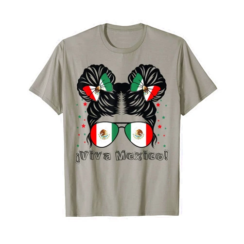 Messy Bun Girl Viva Mexico Pride Women Kids Gifts Messy Bun Girl Viva Mexico Independence Day Mexican Flag T-Shirt