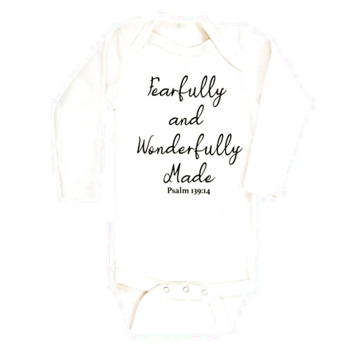 MangoHouse Cute Baby Bodysuit Fearfully and Wonderfully Made Religious Shirt Premium Custom Baby Clothes Unisex Baby Announcement Gift for Mom Newborn Outfit (Long Sleeve Natural, 0-3m)
