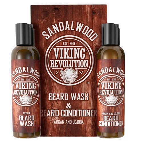 Viking Revolution Beard Wash & Beard Conditioner Set w/Argan & Jojoba Oils - Softens & Strengthens - Natural Beard Shampoo w/Beard Oil Sandalwood (5oz)