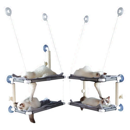 HOZOE Cat Window Perch, A Large Double-Layer Cat Hammock That Can Accommodate Multiple Cats at The Same Time, with Two Scratching Posts, Indoor Cat Ledge and Cat Bed Frame, Which Can Bear 50 Pounds…