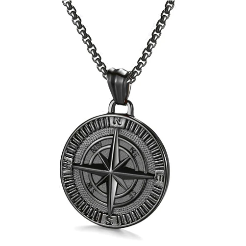 AZFVBQL Men's Compass Pendant Necklace Stainless Steel Navigator Forged for Male Jewelry