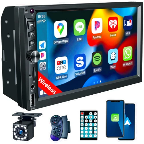 Durxenmnt Wireless Double Din Car Stereo Works with Apple Carplay,7 Inch HD 1024 * 600 Touchscreen with Bluetooth 5.1,FM Car Radio,GPS Navigation,Backup Camera,Android Auto,Voice Control，USB/AUX/TF/SWC