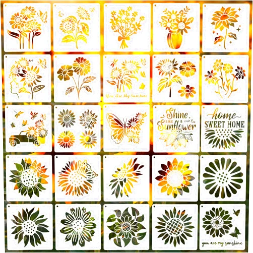 SYLLENHOD 26PCS Sunflower Stencils, 6 Inch Reusable Flower Stencils for Painting, Rustic and Home Decor Art Stencils for Painting on Wood Wall Furniture Canvas Crafts Paper