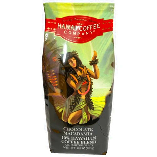 Hawaii Coffee Company, 10% Hawaiian Blend, Chocolate Macadamia Flavor, Ground Coffee, 10oz Bag