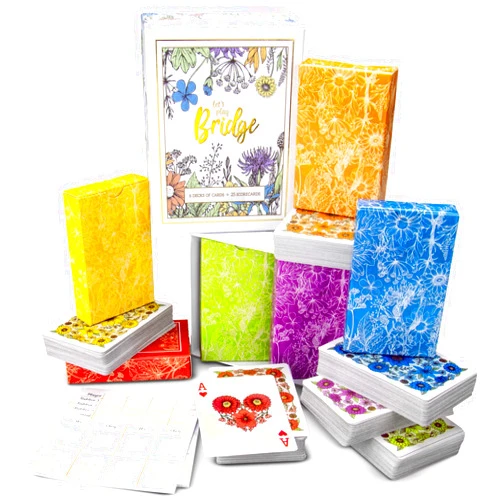 Brybelly Let's Play Bridge | 6 Decks of Colorful, Watercolor Inspired Floral Playing Cards | Special Low-Vision 4-Color Index! | Classic Family Game Includes 25 Scorecards