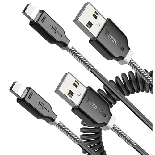 Terasako Coiled Lightning Cable for Car 2 Pack, Terasako Coil iPhone Charger Cable Compatible with iPhone 12Pro Max/12Pro/12/11/XS/XS Max/XR/X/8/8 Plus/iPad/iPod - Black