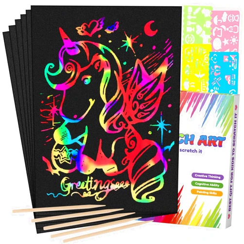 Mocoosy 60 Pcs Scratch Art Paper for Kids, Rainbow Magic Scratch Off Paper Set Art Craft Kit Black Scratch Paper Sheets with 4 Stencils 5 Wooden Stylus for Birthday Party Favors Game Activities