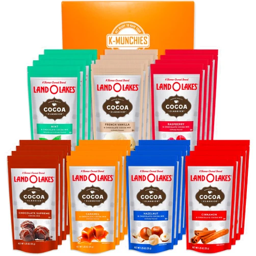 K-Munchies Land O Lakes Premium Hot Chocolate Mix - 28 (1.25 oz) Assorted Hot Cocoa Packets - 7 Classic Flavors - Rich Creamy Flavors - Gift Sets