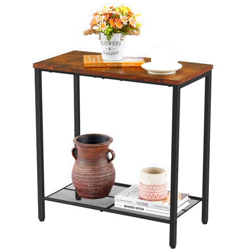 Hoctieon 2 Tier End Table, Sofa Side Table, Narrow Side Table with Storage, Slim Nightstand for Small Spaces, Metal Frame, for Living Room, Bedroom, Sofa Couch, Hall, Rustic Brown