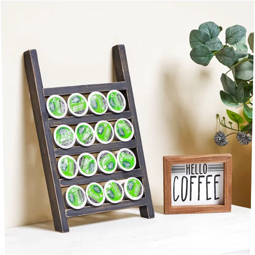 GENMOUS & CO. GENMOUS Farmhouse K Cups Ladder Coffee Pod Holder For Countertop, Rustic Wood Keurig Pod Holder K cup Organizer For Home Kitchen Storage, Coffee Station Organizer For Coffee Bar Accessories Black