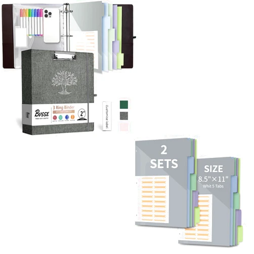 BVSSX 3 Ring Binder 2 Inch Organizer Kit, 5-Tab Pockets Dividers（3Pack）, 36 Divider Stikers（Dark Grey）
