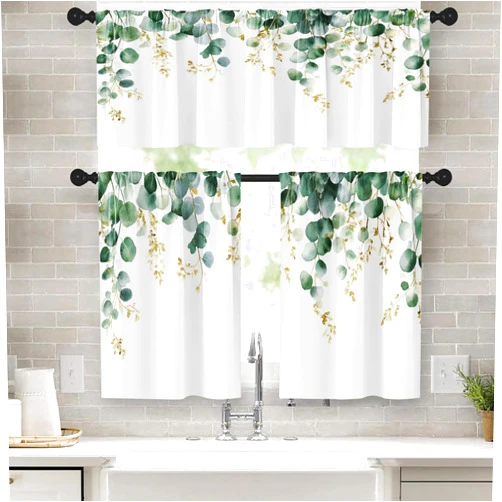 Tayney Eucalyptus Leaves Kitchen Window Curtains Valance and Tier Set 36 Inch, Sage Green Gold Watercolor Rod Pocket Short Tier Curtain for Bathroom, Spring Summer Small Cafe Drapes for Kitchen Decor