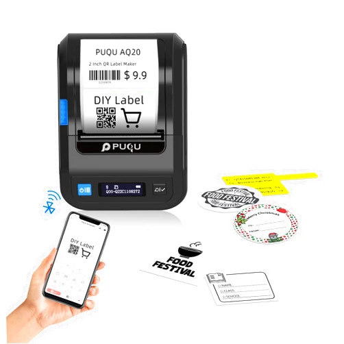 PUQU AQ20 Label Maker, 2 Inch Logo Label Printer, Mini Portable Bluetooth Thermal Labeler, DIY Sticker Machine for Small Business, Barcode, Office, Name, Jewelry, Compatible with iOS Android, Phone