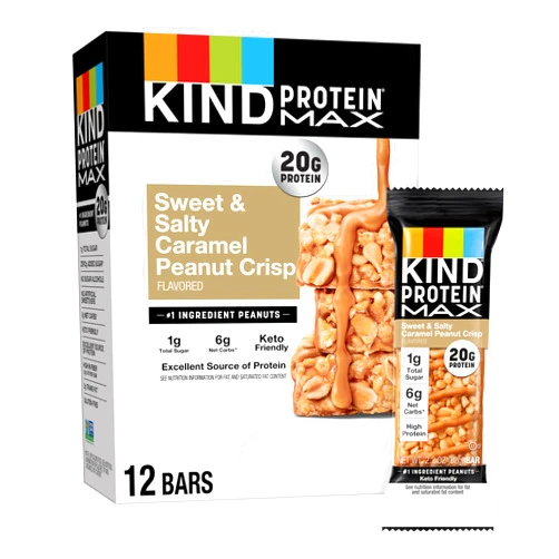 KIND Protein MAX Sweet & Salty Caramel Peanut Crisp Snack Bars, Keto Friendly, 20g Protein, 12 Count