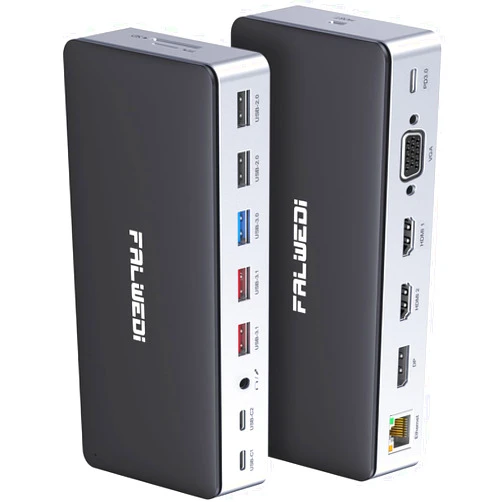 FALWEDI USB C Docking Station Dual Monitor, 16 in 1 Multiport Adapter Hub with Triple Display (2 HDMI, DP, VGA, 2 PD 100W & 18W, RJ45, USB C&A, SD/TF, Mic/Audio) Compatible for MacBook/Dell/HP/Lenovo Laptops