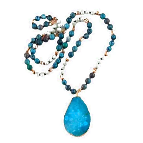 ESHINEDE Ethnic Bohemian Vogue Necklace - Chic Natural Semi-Precious Gemstones with a statement Teardrop Crystal Cluster Pendant, Ideal Sweater Chain for Boho Fashion Enthusiasts