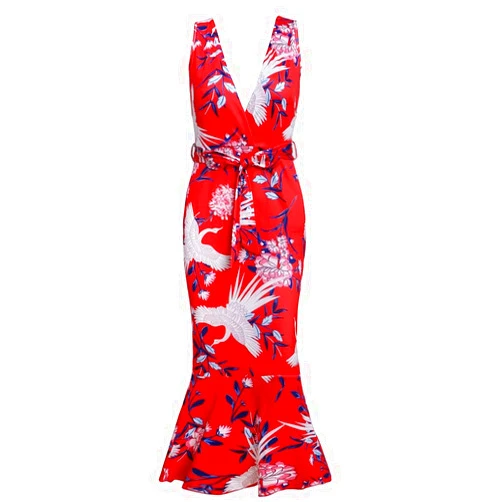YSJERA Women's Vintage Summer Deep V-Neck Sleeveless Floral Leopard Ruffles Mermaid Halter Midi Dresses