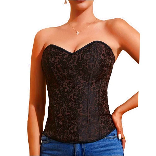 Moessa Women's Lace up Boned Overbust Corset Tube Top Zipper Waist Cincher Bustier Bodyshaper Tops
