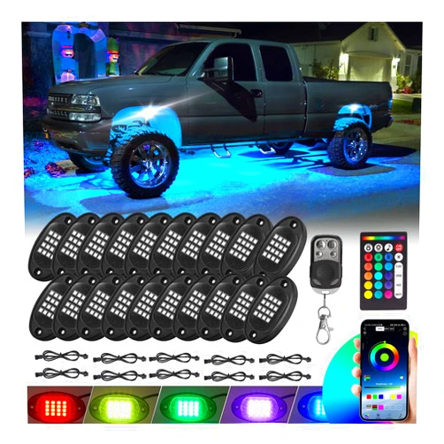 TDE Explorer.Lighting 20 Pods RGB LED Rock Lights for Semi Trucks Offroad Pickup Trailer Sedan Boat, 12V Waterproof Dual Zone APP/RF Control Music Mode Brake Light Red Green Blue Underglow Neon Kit with Extension Wires