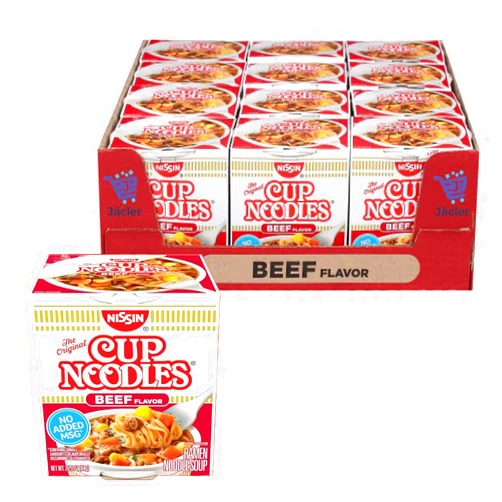 JÁCLER Nissin Cup Ramen Noodles Soup Beef Flavor Soup, 2.25 Ounce (Pack of 12)