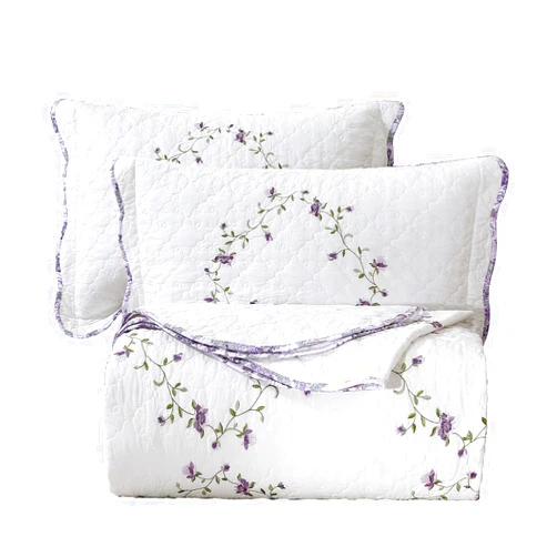 vctops 3-Piece Elegant Floral Embroidered Bedspread Coverlet Set King Size 100% Cotton Reversible Patchwork 1 Quilt and 2 Pillow Shams (Purple,King)