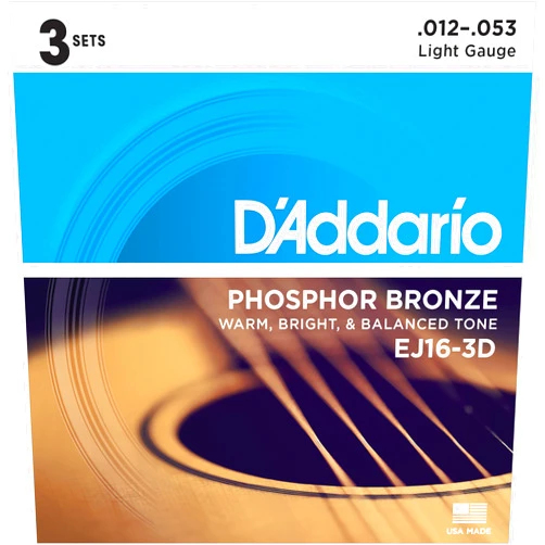 D'Addario EJ16-3D Phosphor Bronze Acoustic Guitar Strings, Light, 3 Sets