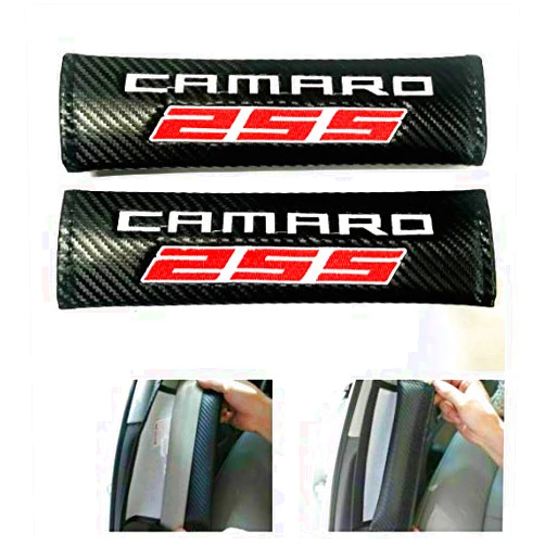 Zizii Carbon Fiber Camaro 2SS Emblem Embroidery Car Seat Belt Covers Leather Shoulder Cushion Gift for Chevy Camaro