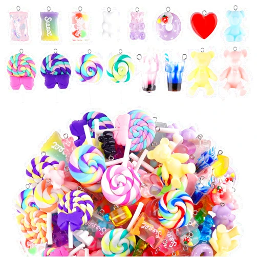 Kalolary 90PCS Candy Pendant Charms Colorful Polymer Clay Sweet Lollipop Charms Bear Charm Cute Ice Cream Pendant Ornaments for Women Girls Necklace Bracelet DIY Jewelry Craft
