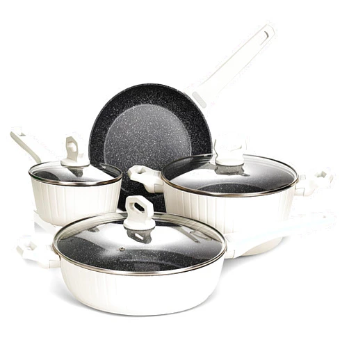 Clockitchen Pots and Pans Set Non-stick , Granite Induction Kitchen Cookware Sets (7 Pcs ), White and Black Cooking Set w/Frying Pans Set & Saucepan & casseroles (PFOA PFOS Free Non-toxic )