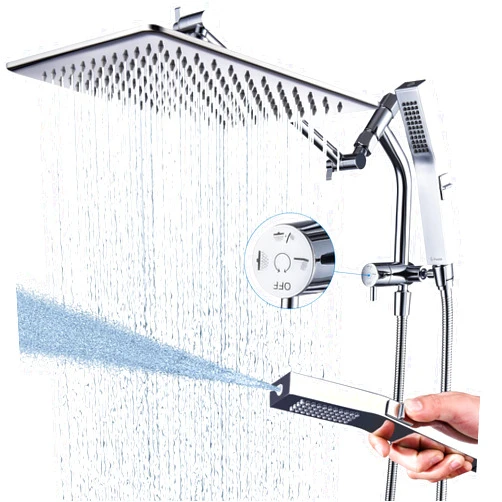 G-Promise All Metal 12 Inches Rain Shower Head with Handheld Built-in Power Wash Mode, 3-way Diverter with Pause Setting, 11 Inches Adjustable Extension Arm with Lock Joint, Long Hose (Chrome)