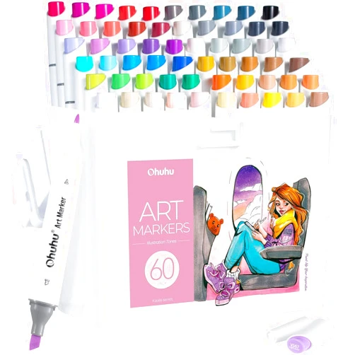 Ohuhu Alcohol Markers: 60 Colors Slim Broad and Fine Double Tipped Kaala Marker for Artists Adults Coloring Drawing Cartoon Anime Comic - Professional Art Pens with Ink Refillable Giftable Pen Set
