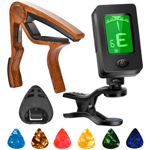 DOMMI Guitar Capo, Guitar Picks, Guitar Accessories with Guitar Tuner, Capo for Acoustic Guitar, Bass, Buzzing-Free, Quick Release, Guitar Tuner Clip on for Guitar, Violin, Bass, Ukulele Chromatic, Rosewood