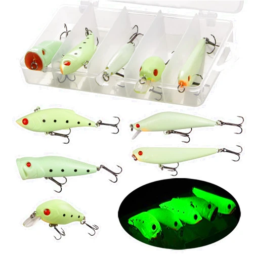 JSHANMEI Glow Fishing Lures Bait Kit Luminous VIB Popper Crank Minnow Pencil Hard Bait with Treble Hook Night Fishing Bait Tackle Box