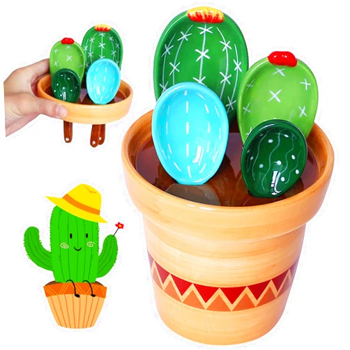 BLUESTEER Cactus Measuring Spoons Set in Pot, Cute Ceramic Measuring Spoons and Cups, Kitchen Cacti Spoon with Holder, Baking Measuring Cups Ornaments Gift