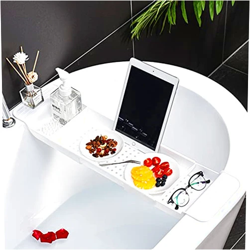 WINGSIGHT Bathtub Tray Expandable Bath Caddy Storage Rack Multifunctional Bathtub Tub Organizer for Deposit Wash Supplies,Book,Wine,Phone,Bathroom,Shower (White)