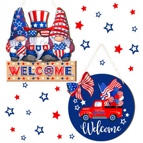 Chitidr 2 Pcs 4th of July Welcome Sign Decorations Patriotic Gnomes Wooden Signs Star American Flag Large Hanging Decor for Independence Day Party Memorial Day Outdoor Home Front Door Window Wall Ornament