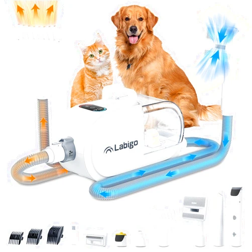 LABIGO Dog Grooming Vacuum & Pet Hair Dryer & Dog Electric Clippers for Shedding Hair, 8 in 1 Dog Grooming Kit with Paw Trimmer Nail Grinder, Adjustable Speed and Temperature Dog Blower, 2.7L Dust Cup