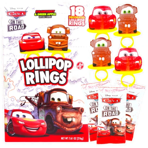 Imaginings 3 Disney Pixar Cars Candy Individually Wrapped Lollipop Rings, Lightning McQueen and Mater Decorated Suckers, Birthday Party Favors, 18 Count
