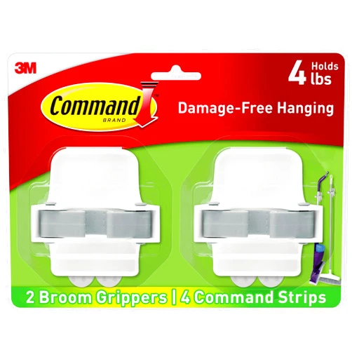 Command Broom and Mop Grippers, 2 Hangers and 4 Command Strips, Damage Free Hanging Wall Mount Broom and Mop Holder, Household Cleaning Organizer for Organization and Storage, Holds up to 4 lb