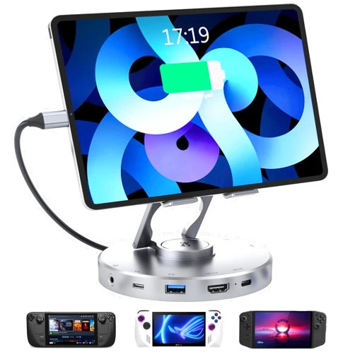 YCBUENO 10 in 1 Docking Station for iPad Pro Steam Deck and ROG,with 4K@60Hz,SD TF 4.0 Reader 100W PD,Audio,USB A,USB C Rotatable Folding Type-C Tablet Stand Holder for iPad,Steam Deck,ROG Ally,Phone
