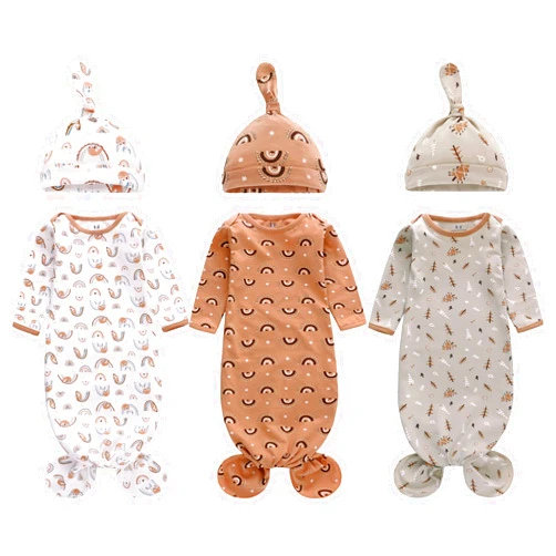 Miracle Baby Newborn Knotted Nightgown Long Sleeve with Matching Hat Set 3 Pack, Cotton Baby Sleeper Gowns Sleeping Bag Unisex Home Outfits Set with Mitten Cuffs for Boys Girls 0-6 Months