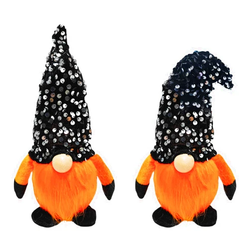 Caxchiling Halloween Light Up Gnomes 2 Pak Small Gnomes Halloween Lights with Black Sequins Hat Tabletop Lighted Gnomes Plush Decor for Indoor Room Shelf Halloween Decorations