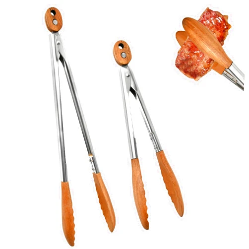 Boocalny 2Pcs Walnut Wood Tongs, Wood Toaster Kitchen Tongs, Eco-Friendly Wooden Tongs, Salad Tongs with Wooden Tips, Rust Proof Stainless Steel Tongs, Heat Resistant Wooden Tongs for Cooking 9In 12In